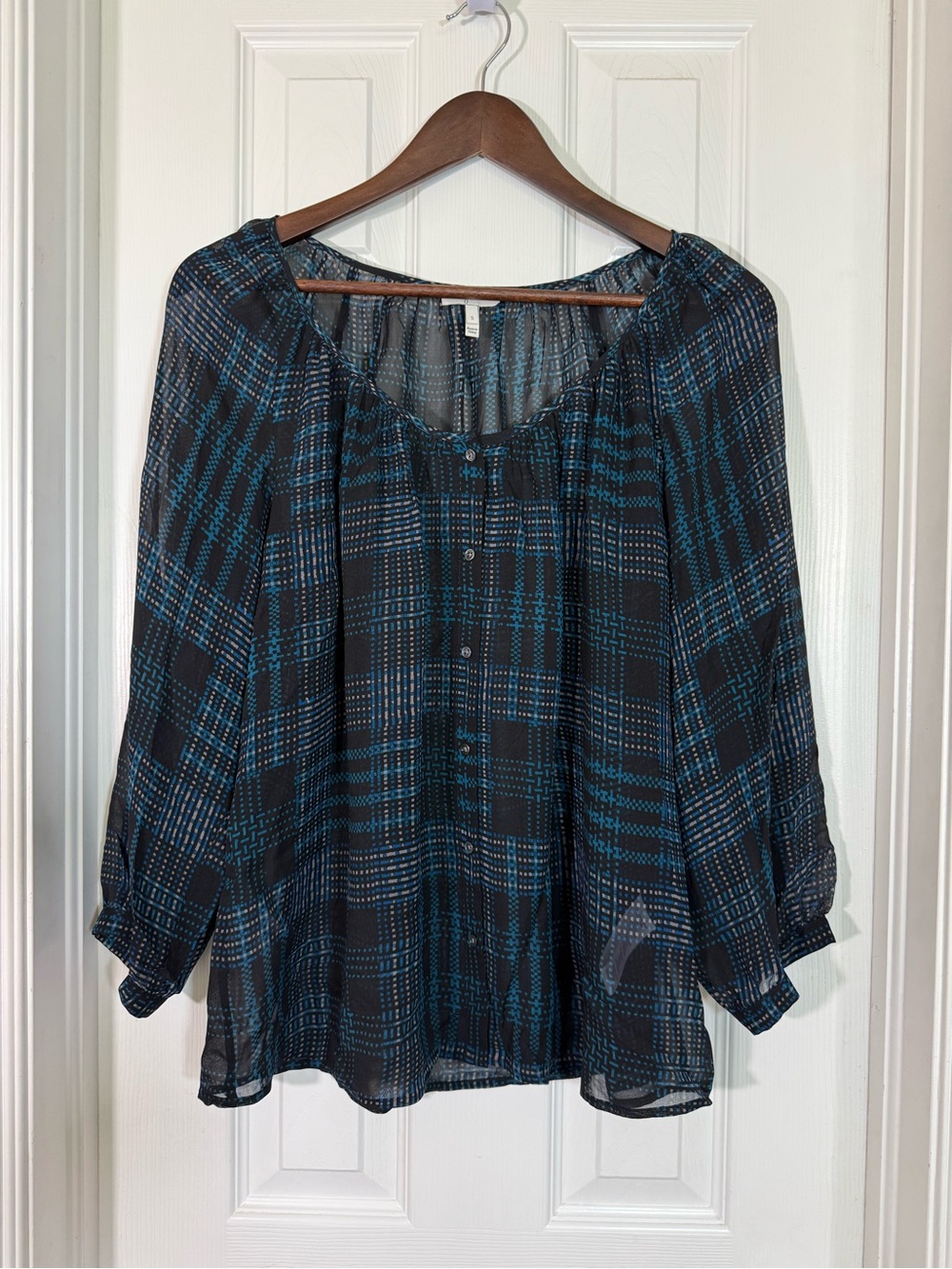 Joie Black Blue Plaid Sheer Peasant Blouse Size S Boho Lightweight Button Front